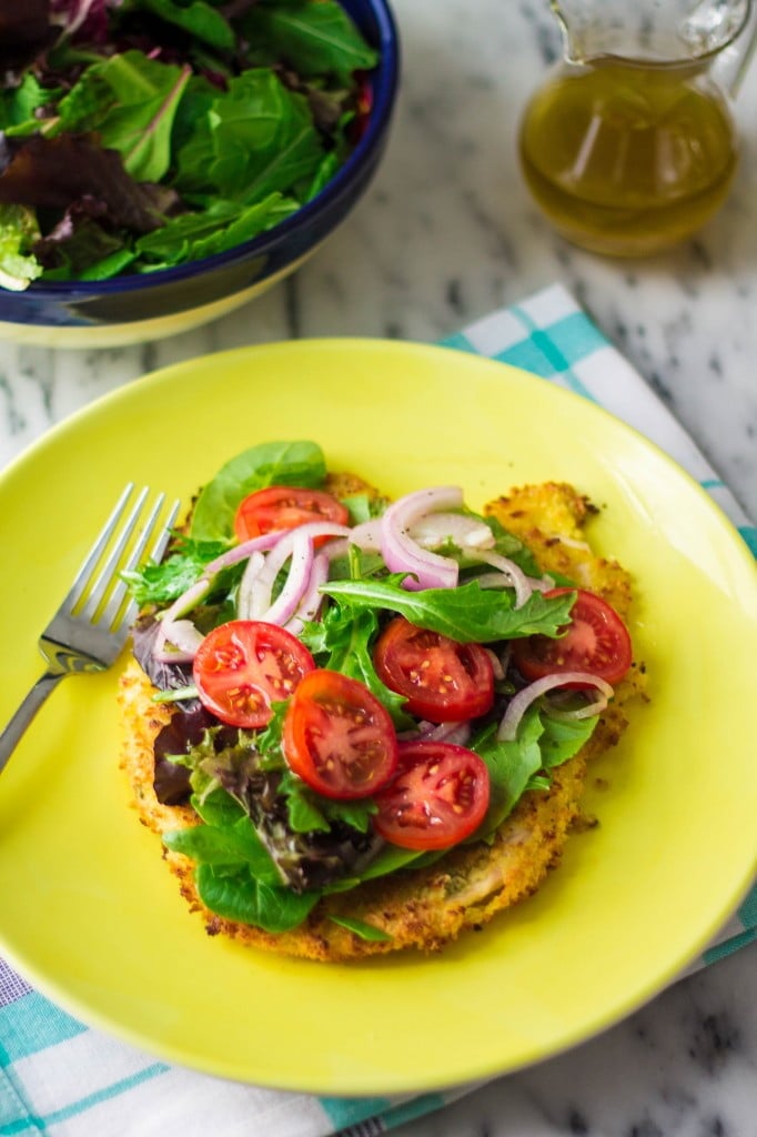 Baked Chicken Milanese with Mixed Greens and Tomato Salad