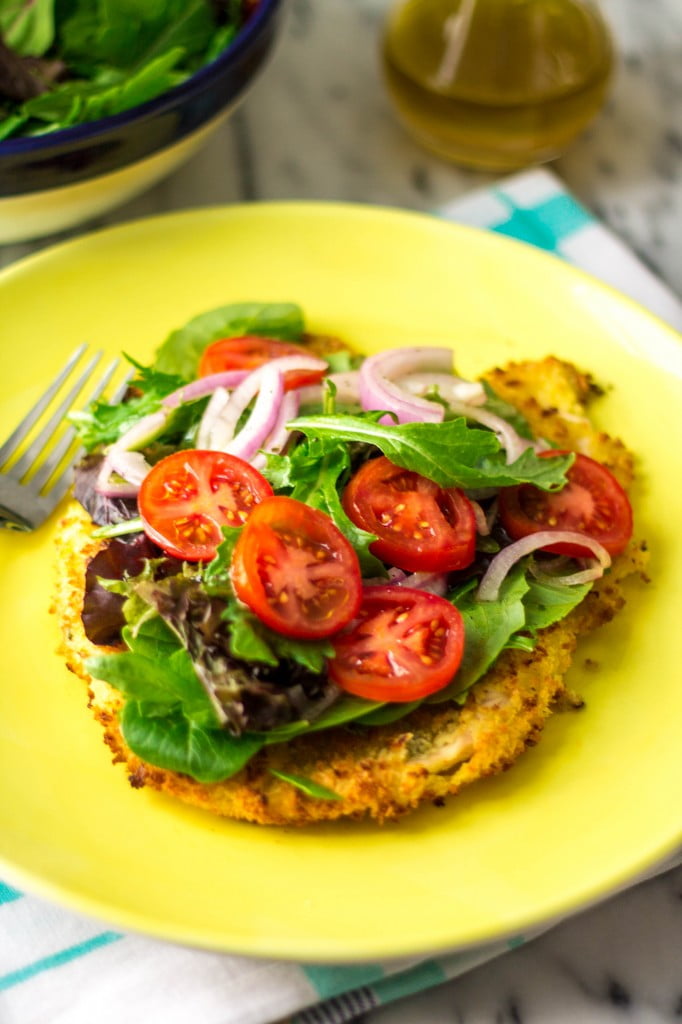 Baked Milanese Chicken with Mixed Greens and Tomato Salad