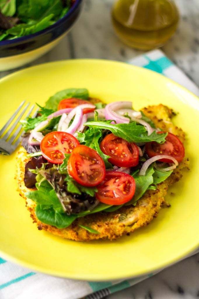 Baked Chicken Milanese with Mixed Greens and Tomato Salad
