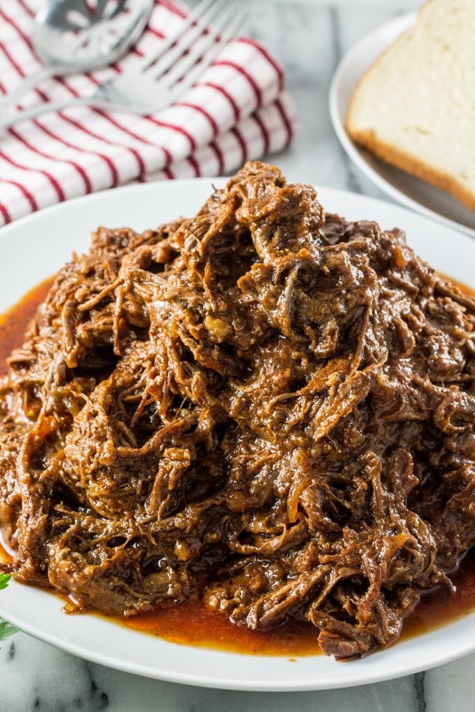 Slow-Cooked Pulled Brisket | www.oliviascuisine.com | Make this delicious pulled brisket in your crockpot and enjoy it in sandwiches, wraps or even in baked potatoes!