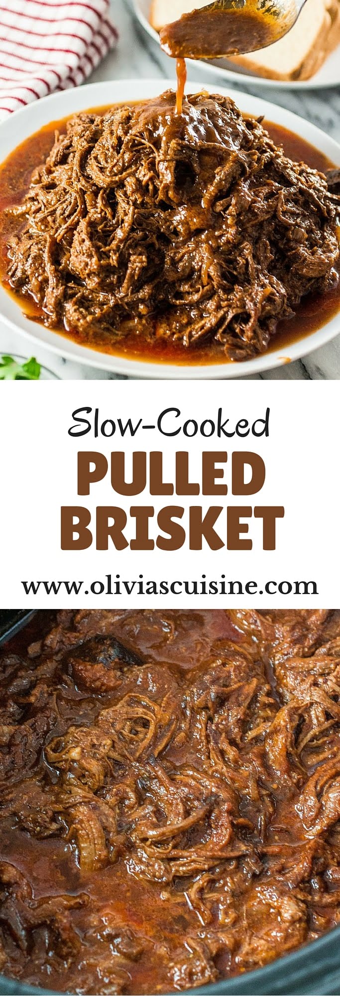 Slow-Cooked Pulled Brisket | www.oliviascuisine.com | Make this delicious pulled brisket in your crockpot and enjoy it in sandwiches, wraps or even in baked potatoes!