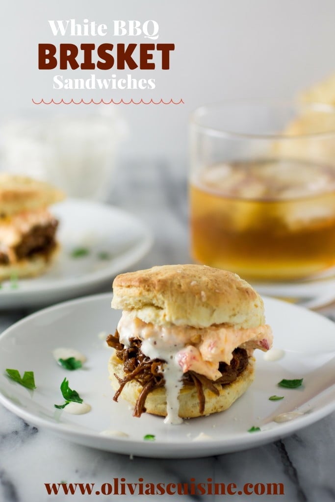 White BBQ Brisket Sandwiches | www.oliviascuisine.com | Eat like a Southerner with these delicious sandwiches made with pulled brisket, white BBQ sauce, pimento cheese in homemade biscuits!