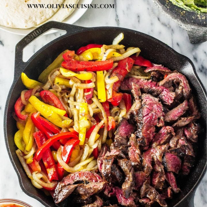 Skirt Steak Fajitas | www.oliviascuisine.com | Delicious Skirt Steak Fajitas marinated with Herdez Roasted Pasilla Chile, blueberry preserves, balsamic vinegar and tequila! Yum! (Sponsored by Herdez)