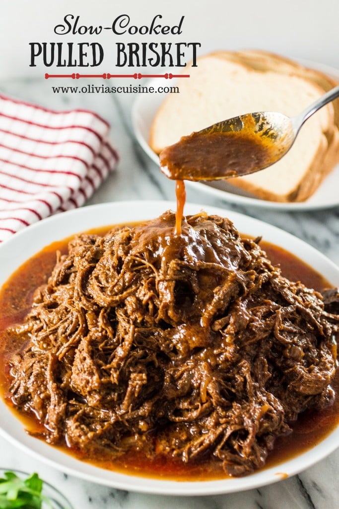 Slow-Cooked Pulled Brisket | www.oliviascuisine.com | Make this delicious pulled brisket in your crockpot and enjoy it in sandwiches, wraps or even in baked potatoes!