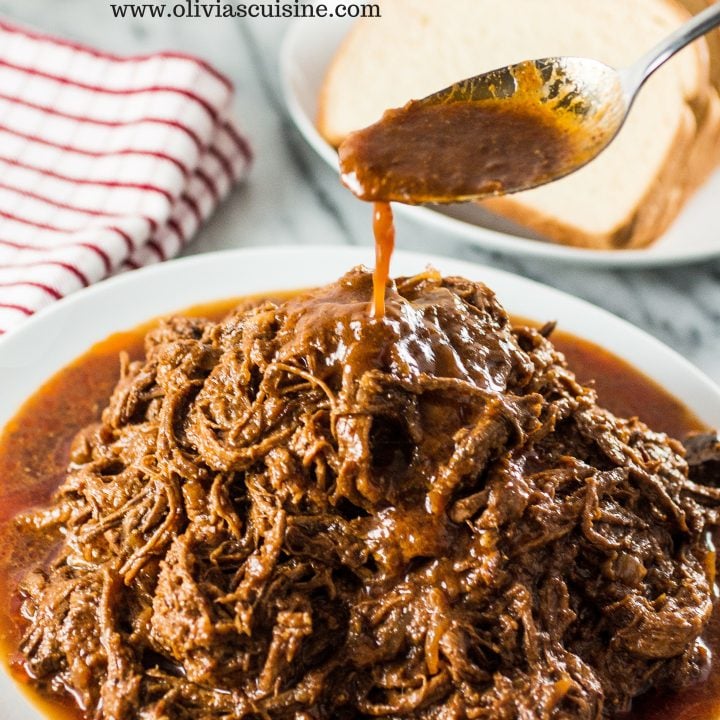 Slow-Cooked Pulled Brisket | www.oliviascuisine.com | Make this delicious pulled brisket in your crockpot and enjoy it in sandwiches, wraps or even in baked potatoes!