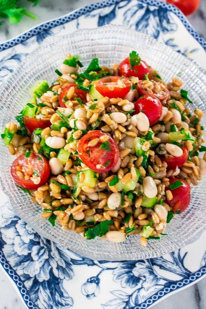 Spelt Salad with Navy Beans, Cherry Tomatoes and Cucumber | www.oliviascuisine.com | A refreshing Spring salad made with spelt, navy beans, cherry tomatoes and cucumber. Packed with protein and fiber, and perfect for Meatless Monday!