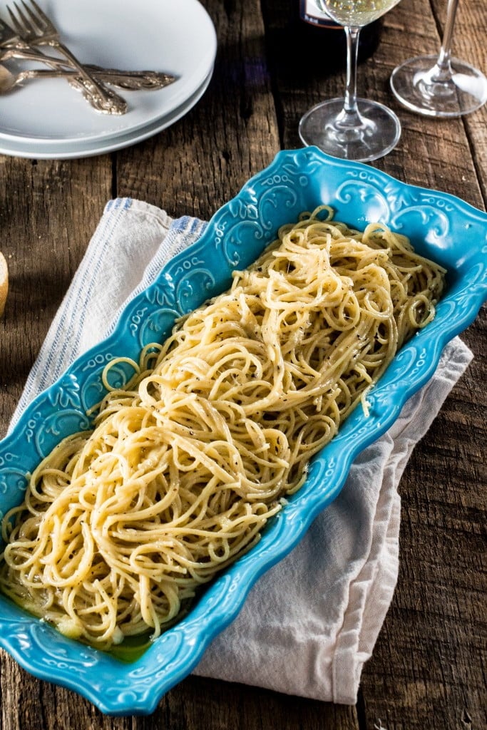 Spaghetti Cacio e Pepe | www.oliviascuisine.com | A traditional roman pasta dish made with Pecorino cheese, Parmigiano Reggiano, black pepper, spaghetti, butter, salt and pepper! And it's done in 20 minutes!