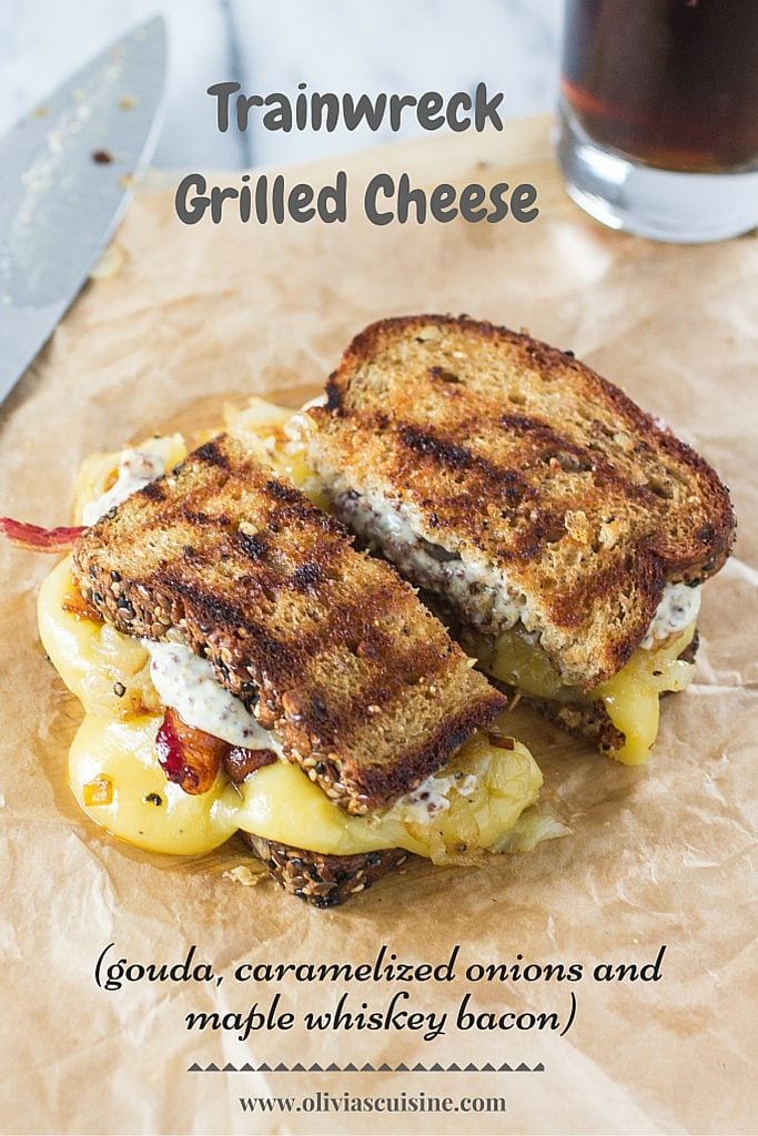 Trainwreck Grilled Cheese | www.oliviascuisine.com | Gouda cheese, caramelized onions and Maple Whiskey bacon join forces to create the most amazing grilled cheese ever! (Sponsored by Arla Dofino)