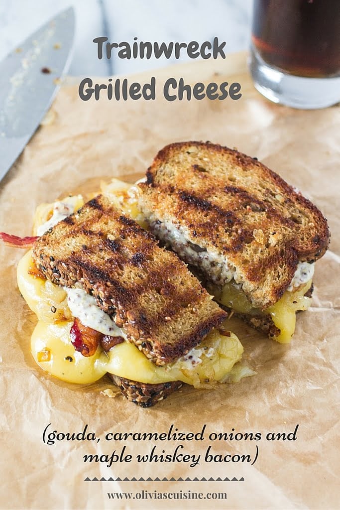 Trainwreck Grilled Cheese | www.oliviascuisine.com | Gouda cheese, caramelized onions and Maple Whiskey bacon join forces to create the most amazing grilled cheese ever! (Sponsored by Arla Dofino)