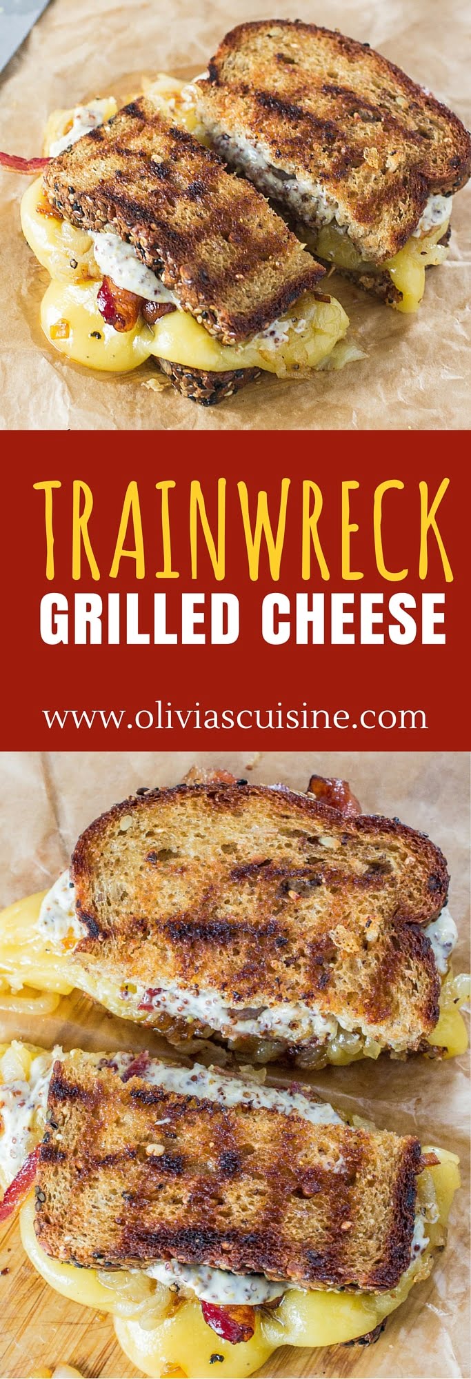 Trainwreck Grilled Cheese | www.oliviascuisine.com | Gouda cheese, caramelized onions and Maple Whiskey bacon join forces to create the most amazing grilled cheese ever! (Sponsored by Arla Dofino)