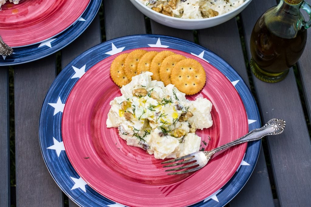 Creamy Potato Salad (with Apples, Raisins and Walnuts) | www.oliviascuisine.com | This Creamy Potato Salad will be a success at your picnic, barbecue or potluck!