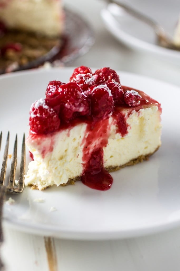 Classic Cheesecake with Raspberry Sauce | www.oliviascuisine.com 