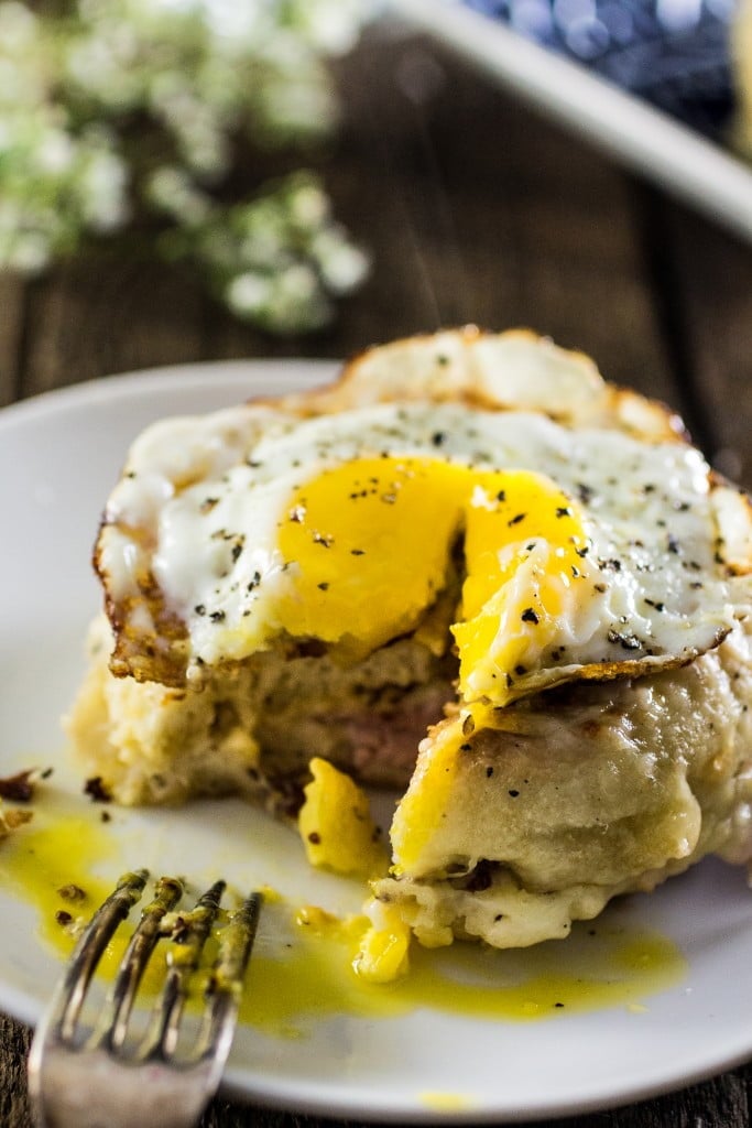 Croque Madame Brunch Sandwiches | www.oliviascuisine.com | A variation of the Croque Monsieur: ham and Gruyere cheese with Mornay sauce, with an egg on top!