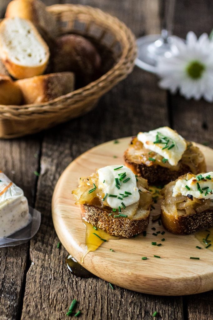 Goat Cheese, Caramelized Onions and Truffled Honey Crostini | www.oliviascuisine.com | The perfect appetizer for your brunch or summer party!