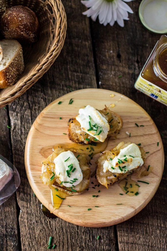 Goat Cheese, Caramelized Onions and Truffled Honey Crostini | www.oliviascuisine.com | The perfect appetizer for your brunch or summer party!