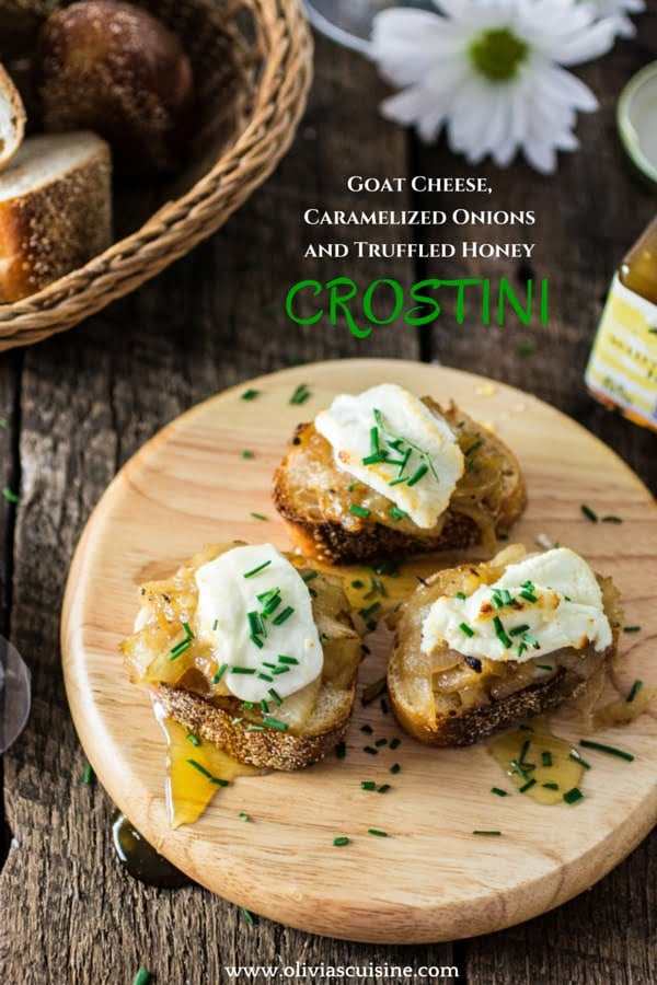 Goat Cheese, Caramelized Onions and Truffled Honey Crostini | www.oliviascuisine.com | The perfect appetizer for your brunch or summer party!