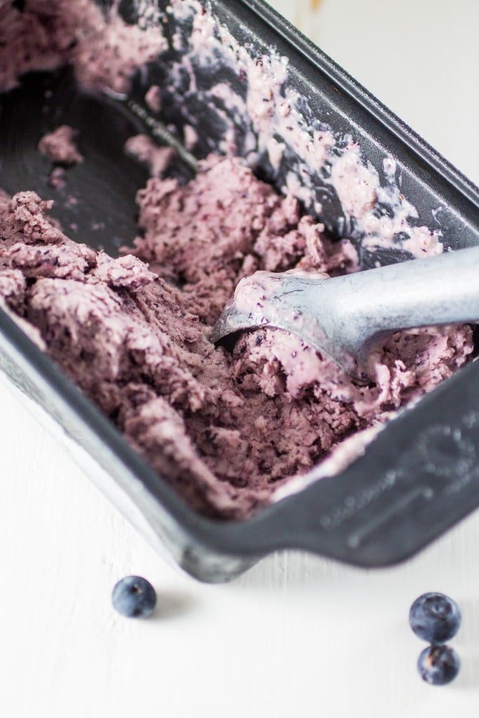 Blueberry Frozen Yogurt | www.oliviascuisine.com | Healthy and guilt-free, this recipe for Blueberry Frozen Yogurt is made with low-fat greek yogurt and with no processed sugar!