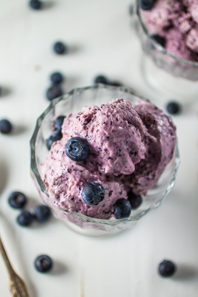 Blueberry Frozen Yogurt | www.oliviascuisine.com | Healthy and guilt-free, this recipe for Blueberry Frozen Yogurt is made with low-fat greek yogurt and with no processed sugar!