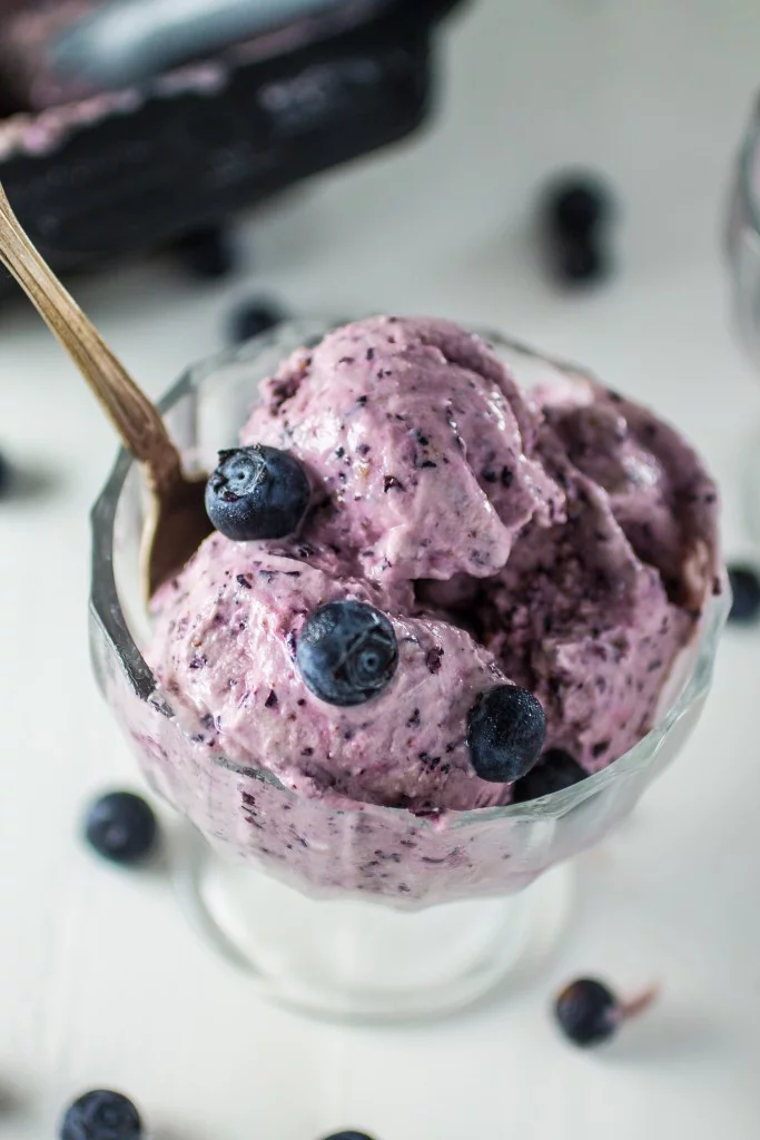 Blueberry Frozen Yogurt | www.oliviascuisine.com | Healthy and guilt-free, this recipe for Blueberry Frozen Yogurt is made with low-fat greek yogurt and with no processed sugar!