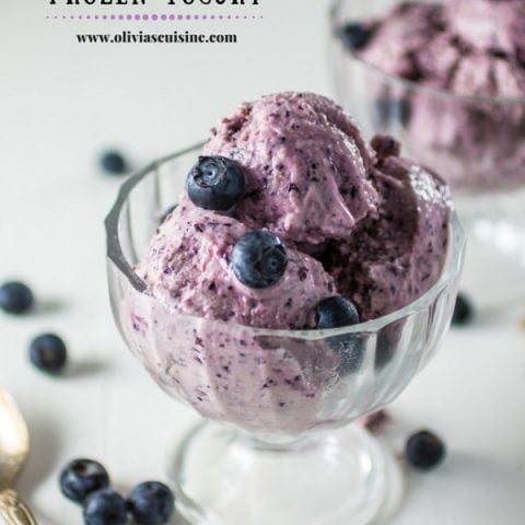 Blueberry Frozen Yogurt | www.oliviascuisine.com | Healthy and guilt-free, this recipe for Blueberry Frozen Yogurt is made with low-fat greek yogurt and with no processed sugar!