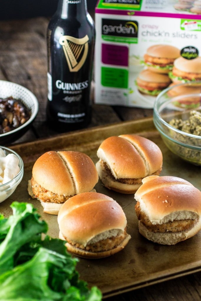 Veggie Pub Sliders | www.oliviascuisine.com | Veggie sliders made pub style with caramelized onions with Guinness beer, a vegan tapenade and gooey smoked provolone that can be left out for a vegan version! #gardein  #meatless #recipe #healthy