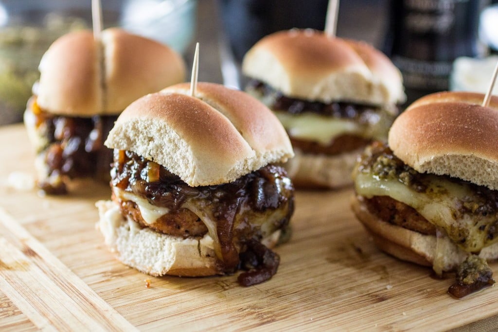 Veggie Pub Sliders | www.oliviascuisine.com | Veggie sliders made pub style with caramelized onions with Guinness beer, a vegan tapenade and gooey smoked provolone that can be left out for a vegan version! #gardein  #meatless #recipe #healthy