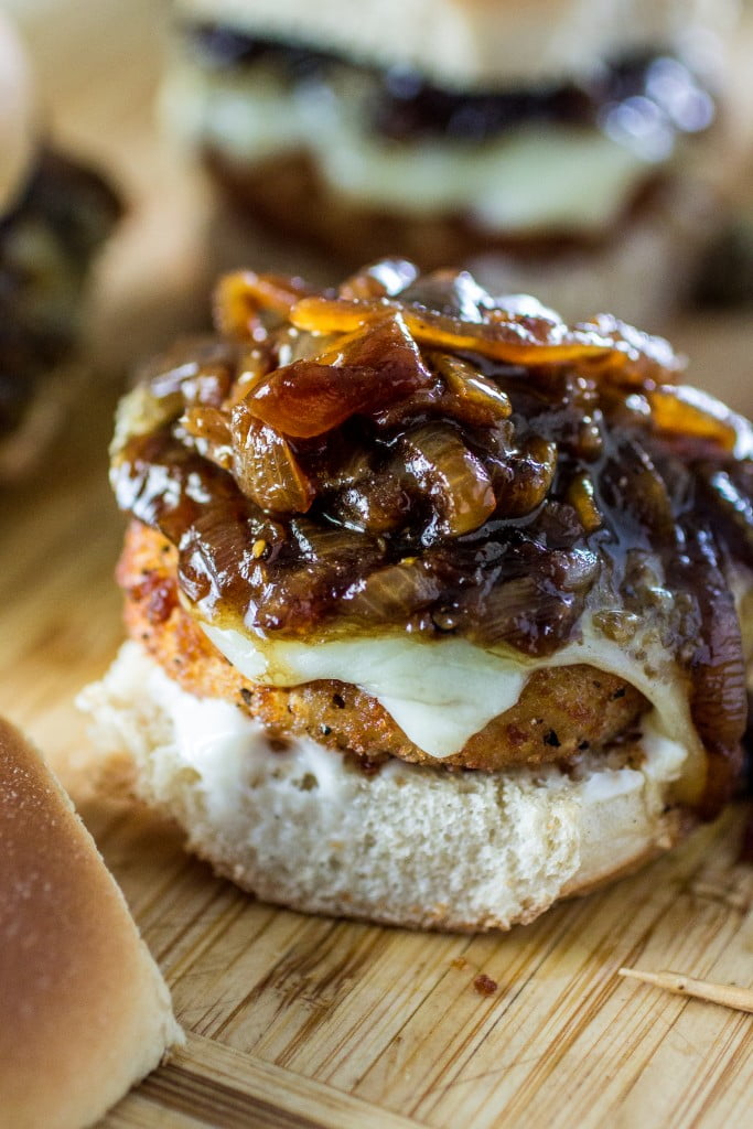 Veggie Pub Sliders | www.oliviascuisine.com | Veggie sliders made pub style with caramelized onions with Guinness beer, a vegan tapenade and gooey smoked provolone that can be left out for a vegan version! #gardein  #meatless #recipe #healthy