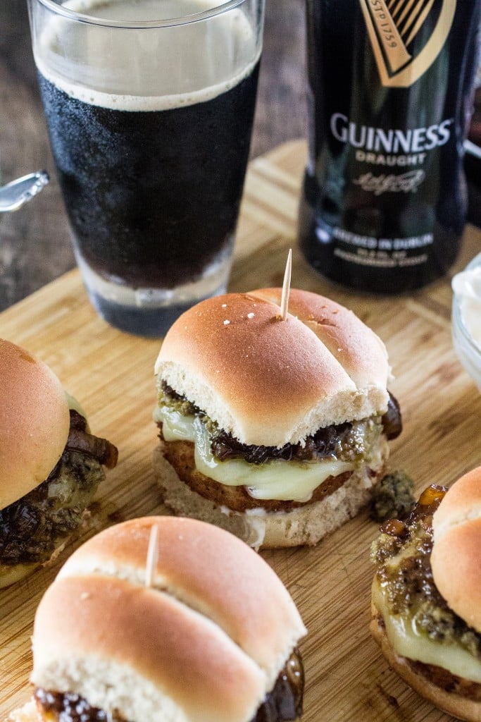 Veggie Pub Sliders | www.oliviascuisine.com | Veggie sliders made pub style with caramelized onions with Guinness beer, a vegan tapenade and gooey smoked provolone that can be left out for a vegan version! #gardein  #meatless #recipe #healthy