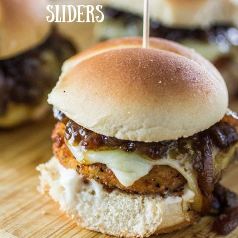 Veggie Pub Sliders | www.oliviascuisine.com | Veggie sliders made pub style with caramelized onions with Guinness beer, a vegan tapenade and gooey smoked provolone that can be left out for a vegan version! #gardein #meatless #recipe #healthy