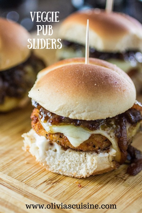 Veggie Pub Sliders | www.oliviascuisine.com | Veggie sliders made pub style with caramelized onions with Guinness beer, a vegan tapenade and gooey smoked provolone that can be left out for a vegan version! #gardein  #meatless #recipe #healthy