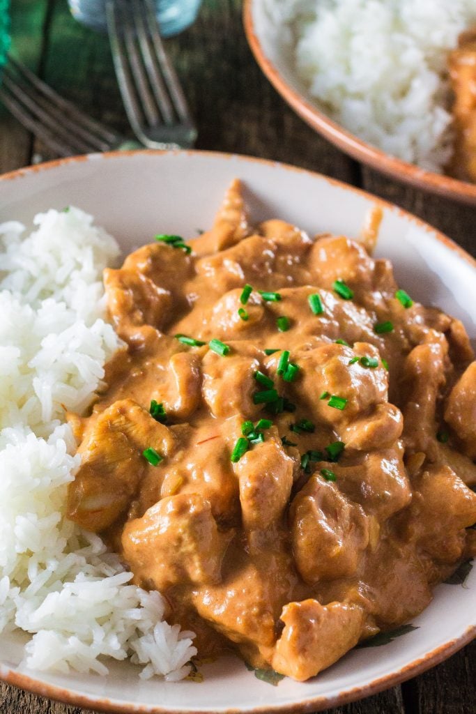 Chicken Stroganoff | www.oliviascuisine.com | A russian inspired dish, made with sautéed chicken, onions, Dijon mustard, ketchup, crushed tomatoes and and Brooklyn Creamery's Double Cream! #sp