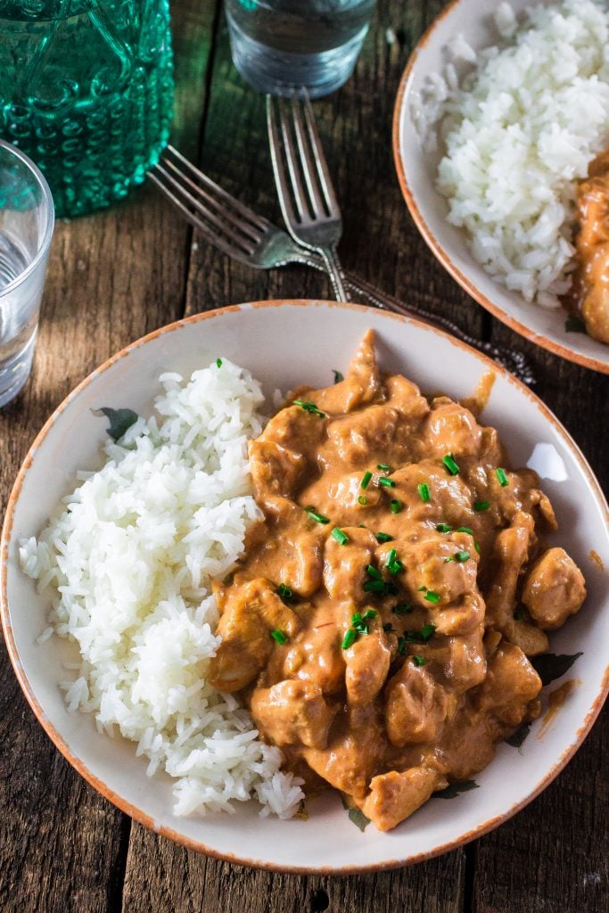 Chicken Stroganoff | www.oliviascuisine.com | A russian inspired dish, made with sautéed chicken, onions, Dijon mustard, ketchup, crushed tomatoes and and Brooklyn Creamery's Double Cream! #sp