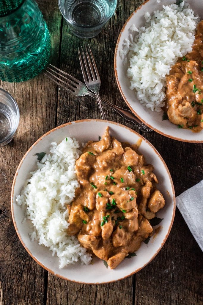 Chicken Stroganoff | www.oliviascuisine.com | A russian inspired dish, made with sautéed chicken, onions, Dijon mustard, ketchup, crushed tomatoes and and Brooklyn Creamery's Double Cream! #sp