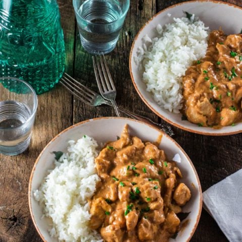 Chicken Stroganoff | www.oliviascuisine.com | A russian inspired dish, made with sautéed chicken, onions, Dijon mustard, ketchup, crushed tomatoes and and Brooklyn Creamery's Double Cream! #sp