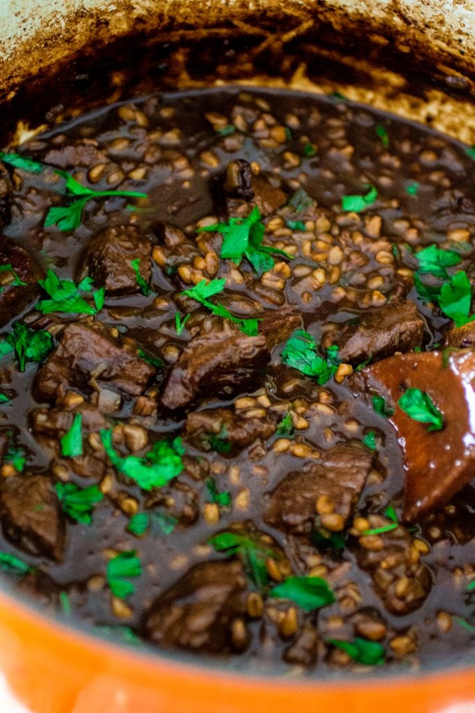 Flemish Beef Stew with Caramelized Onions and Spelt Berries | www.oliviascuisine.com | A comforting beef stew that is extra fulfilling with the addiction of spelt berries! Plus a review of the cookbook Simply Ancient Grains!