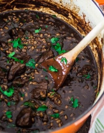 Flemish Beef Stew with Caramelized Onions and Spelt Berries