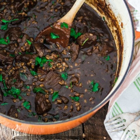 Flemish Beef Stew with Caramelized Onions and Spelt Berries | www.oliviascuisine.com | A comforting beef stew that is extra fulfilling with the addiction of spelt berries! Plus a review of the cookbook Simply Ancient Grains!