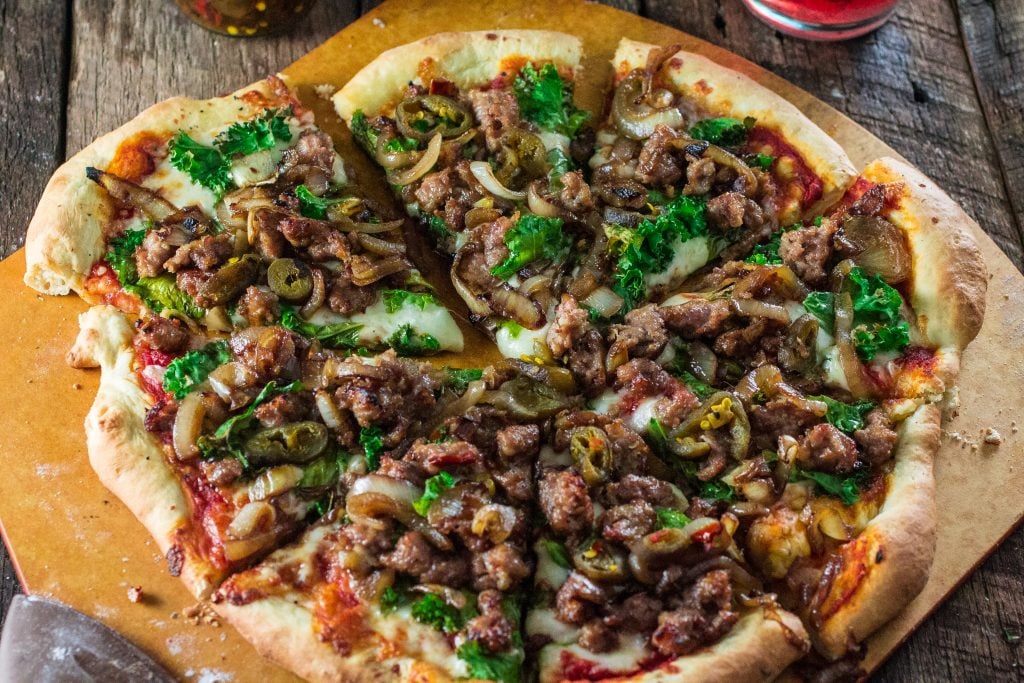 Italian Sausage Pizza with Caramelized Onions, Kale and Jalapeños | www.oliviascuisine.com