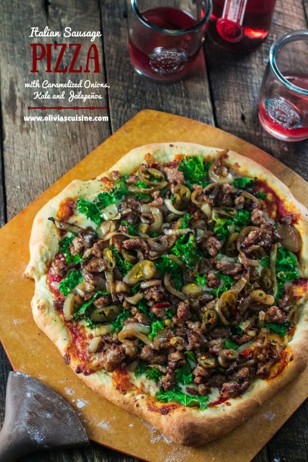 Italian Sausage Pizza with Caramelized Onions, Kale and Jalapeños | www.oliviascuisine.com