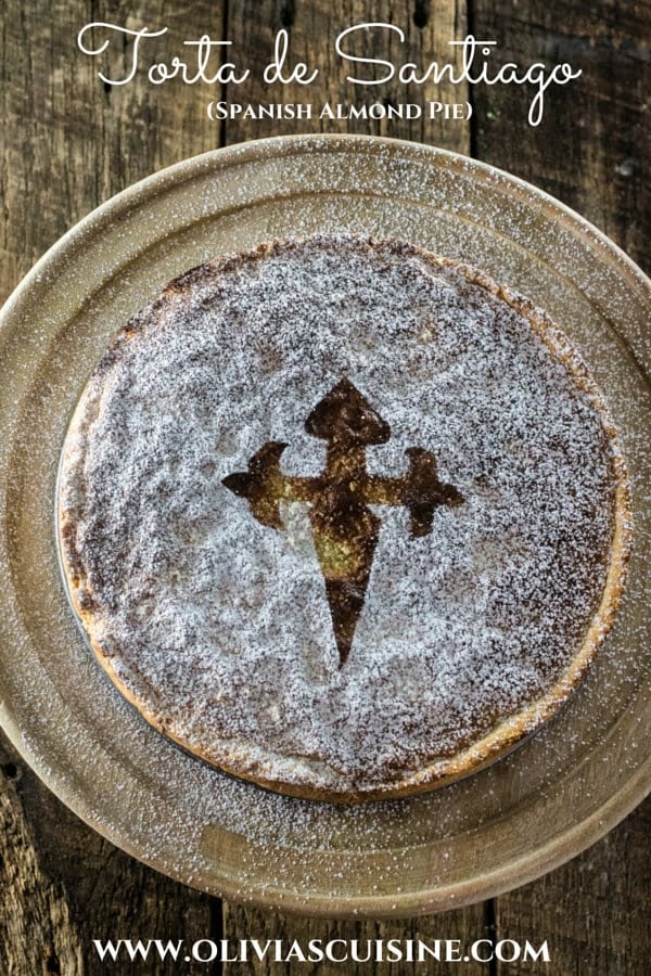 Torta de Santiago (Spanish Almond Pie) | www.oliviascuisine.com | Torta de Santiago (in Galician) or Tarta de Santiago (in Spanish) is a popular almond pie served in Santiago de Compostela. It is usually marked with the cross  of the Order of Santiago.