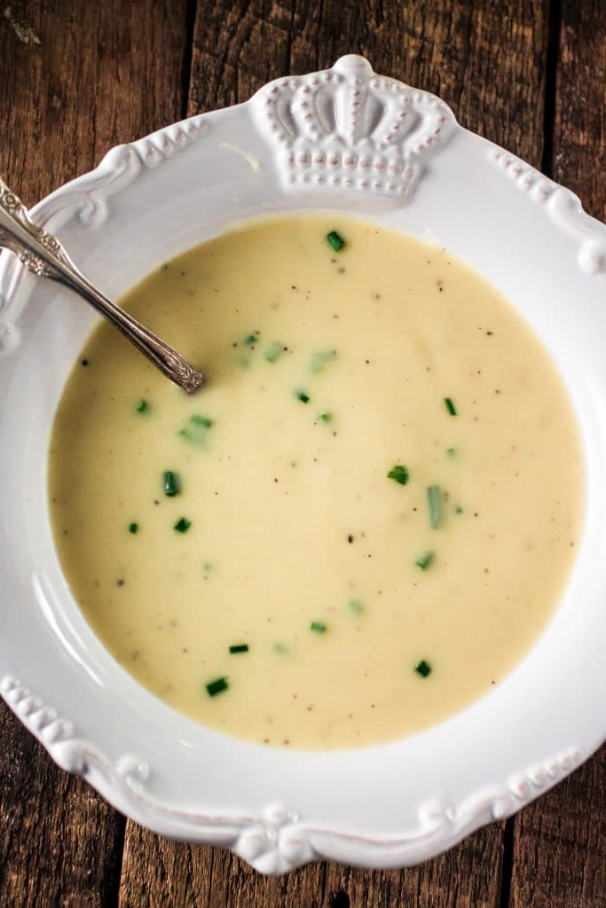 Classic Vichyssoise Soup | www.oliviascuisine.com | A leek and potato soup that is served chilled. Perfect as an appetizer or lunch main course during those hot summer months!
