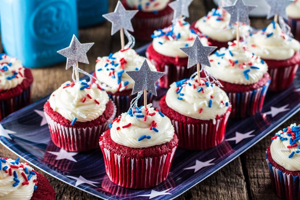 Patriotic Red Velvet Cupcakes | www.oliviascuisine.com | Celebrate 4th of July with these delicious Patriotic Red Velvet Cupcakes! So moist and velvety, with a yummy cream cheese frosting.