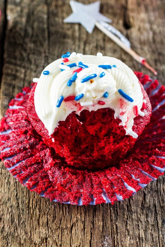 Patriotic Red Velvet Cupcakes | www.oliviascuisine.com | Celebrate 4th of July with these delicious Patriotic Red Velvet Cupcakes! So moist and velvety, with a yummy cream cheese frosting.