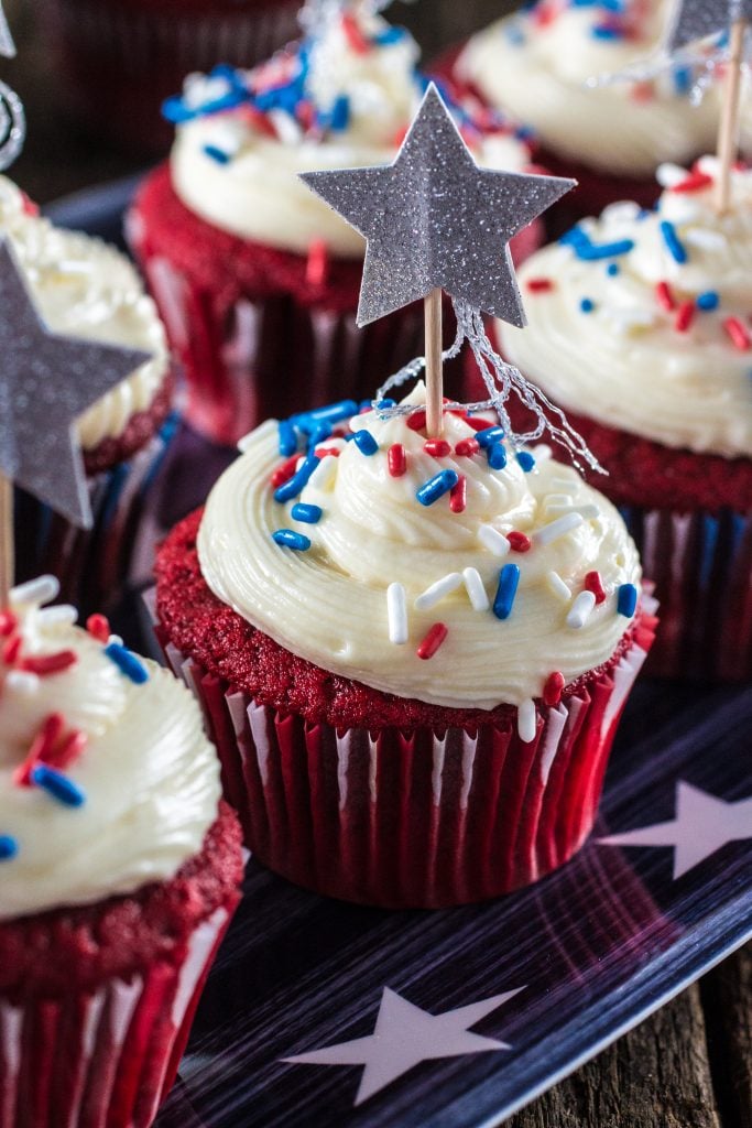 Patriotic Red Velvet Cupcakes | www.oliviascuisine.com | Celebrate 4th of July with these delicious Patriotic Red Velvet Cupcakes! So moist and velvety, with a yummy cream cheese frosting.