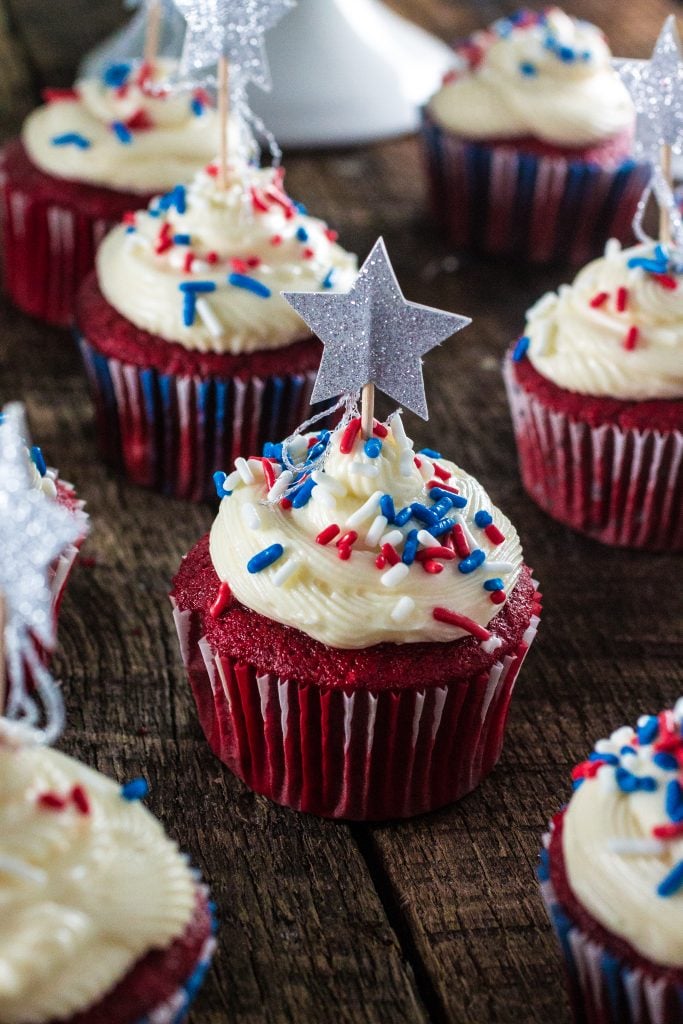 Patriotic Red Velvet Cupcakes | www.oliviascuisine.com | Celebrate 4th of July with these delicious Patriotic Red Velvet Cupcakes! So moist and velvety, with a yummy cream cheese frosting.