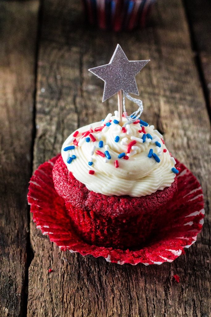 Patriotic Red Velvet Cupcakes | www.oliviascuisine.com | Celebrate 4th of July with these delicious Patriotic Red Velvet Cupcakes! So moist and velvety, with a yummy cream cheese frosting.