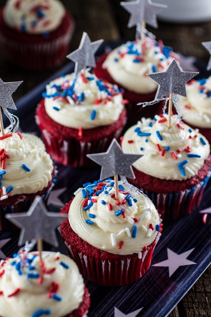 Patriotic Red Velvet Cupcakes | www.oliviascuisine.com | Celebrate 4th of July with these delicious Patriotic Red Velvet Cupcakes! So moist and velvety, with a yummy cream cheese frosting.