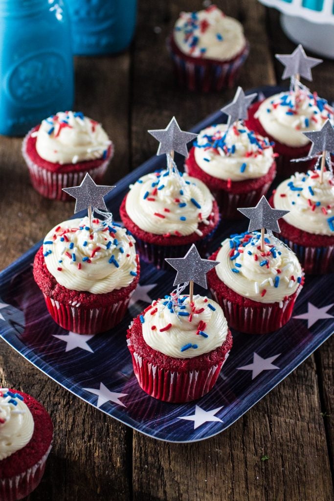 Patriotic Red Velvet Cupcakes | www.oliviascuisine.com | Celebrate 4th of July with these delicious Patriotic Red Velvet Cupcakes! So moist and velvety, with a yummy cream cheese frosting.