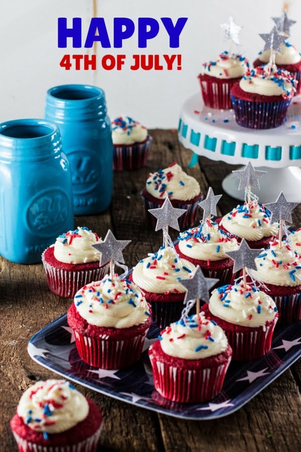 Patriotic Red Velvet Cupcakes | www.oliviascuisine.com | Celebrate 4th of July with these delicious Patriotic Red Velvet Cupcakes! So moist and velvety, with a yummy cream cheese frosting.