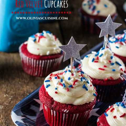 Patriotic Red Velvet Cupcakes | www.oliviascuisine.com | Celebrate 4th of July with these delicious Patriotic Red Velvet Cupcakes! So moist and velvety, with a yummy cream cheese frosting.